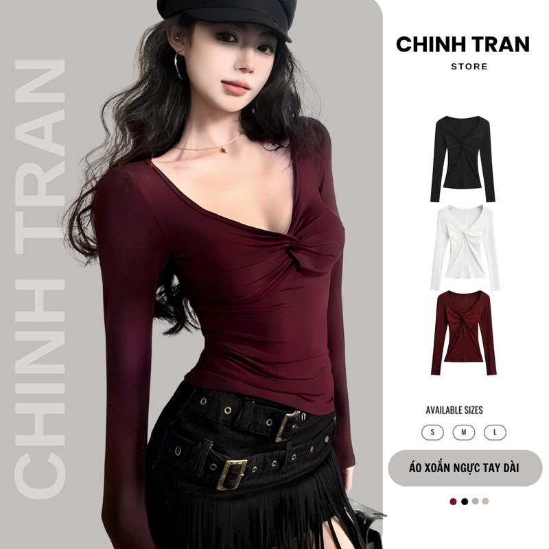 MỞ BÁN Áo Thun Xoắn Ngực Dài Tay Ôm Body Thiết Kế Xẻ V Nữ Tính