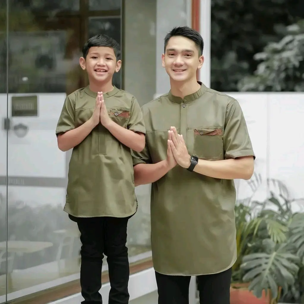 Koko kurta Couple Ayah Dan Anak Lengan Pendek Sage Polos