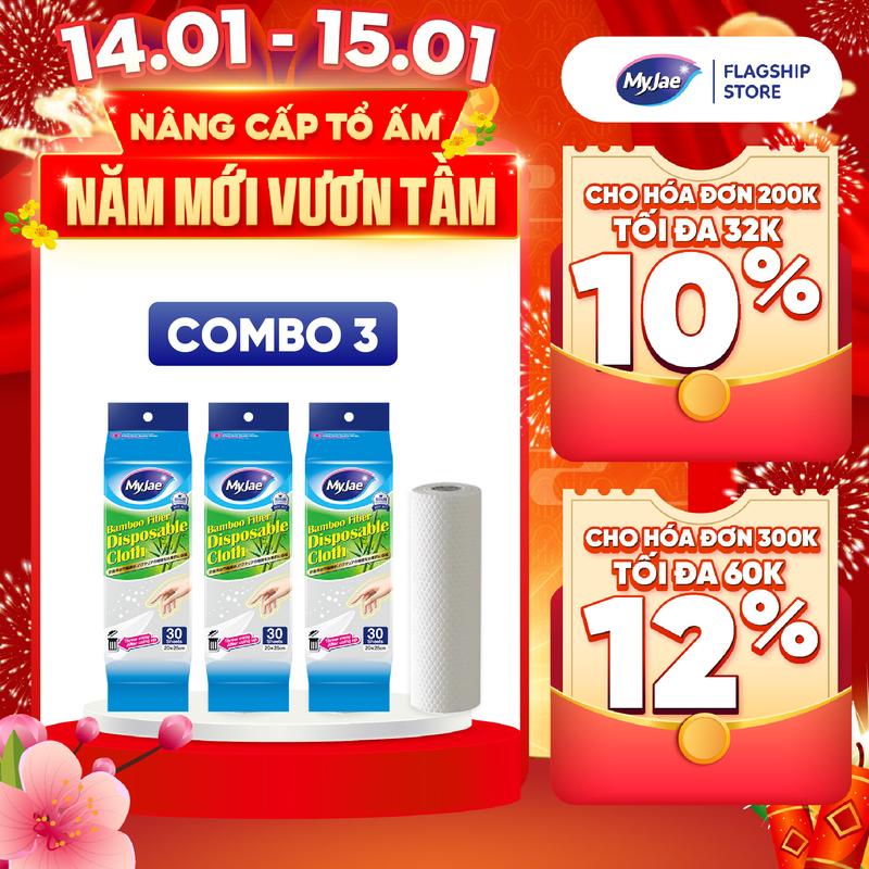   COHOST PEWPEW 12.12  Combo 3 Bịch Khăn Lau Sợi Tre  Một Lần Dùng Đánh Bay Dầu Mỡ Kháng Khuẩn MyJae Khăn Giấy 