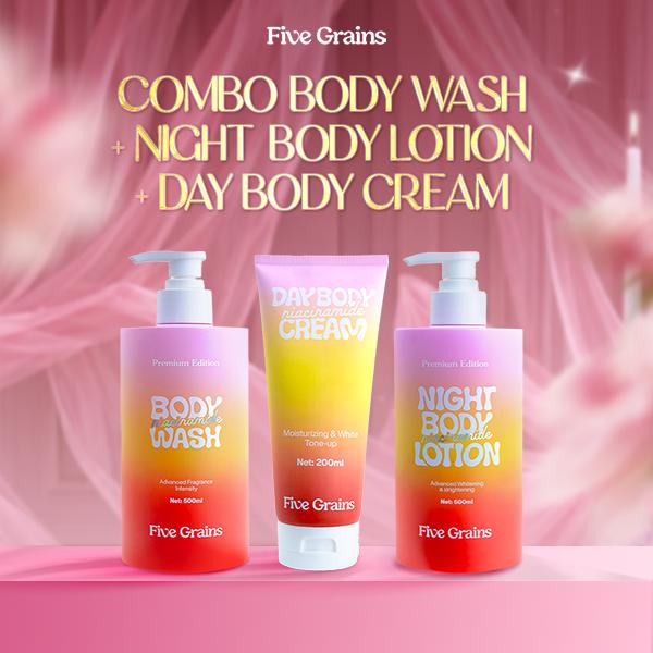 Bộ 3 Bước Dưỡng Body Five Grains Ngày và Đêm Sữa Tắm 500ml Kem Ngày 200ml Nâng Tone Kem Đêm 500ml Dưỡng Ẩm - A10