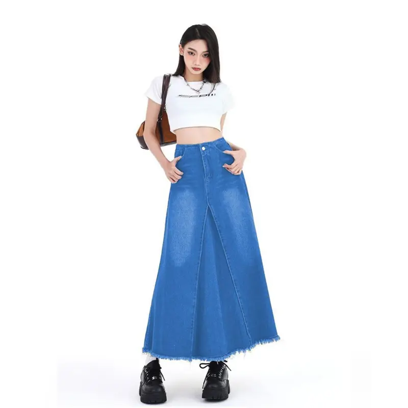 Pg Jeans - Rok Denim Vintage Retro Wanita Rok Jeans Panjang High Waist A-Line Cewek Bahan Tebal Tahan Lama Kancing Depan & Karet Belakang Variasi Rampel di Depan 4