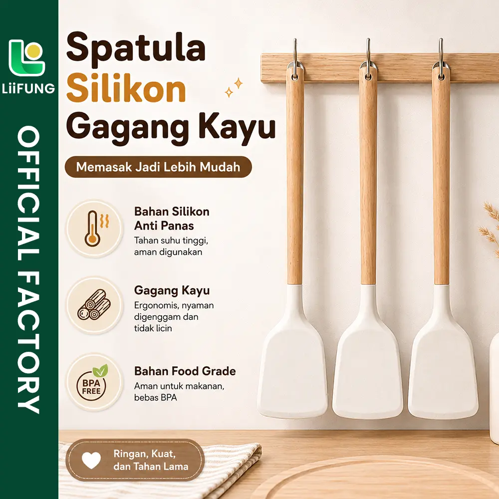 LiiFung - Spatula Silikon Gagang Kayu FOOD GRADE Sutil Wajan Teflon Anti Lengket Tahan Panas