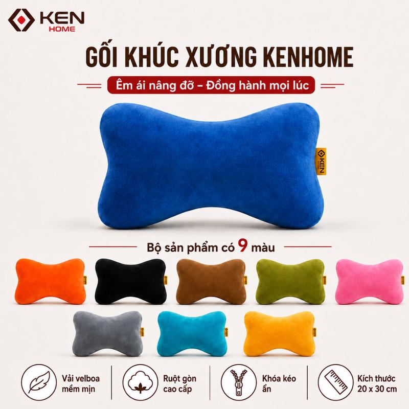 Gối Khúc Xương KENHOME Đa Chức Năng, Gối Tựa Cổ Ô Tô, Tựa Cổ Ghế Văn Phòng Vải Velboa, Ruột Gòn Bông Gòn