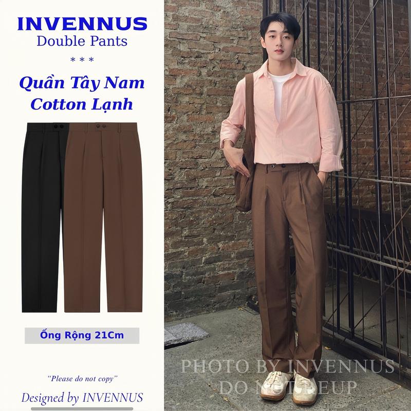 Quần tây ống rộng INVENNUS nam, quần âu menswear pants. Chất liệu cotton mềm mịn, nhẹ và thoải mái với thiết kế cạp lệch 2 cúc lưng chung 1/2 dáng suông màu đen nâu phong cách Hàn Quốc - 306