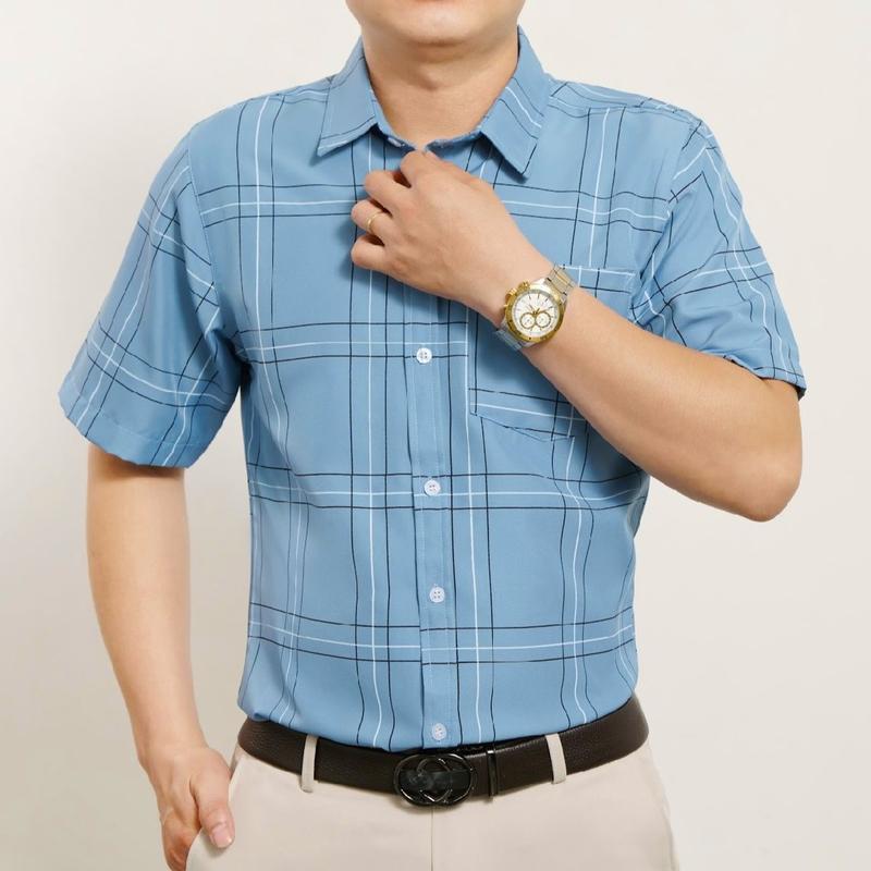 Áo sơ mi nam ngắn tay caro có túi lụa chống nhăn Cổ Tròn Trung Niên