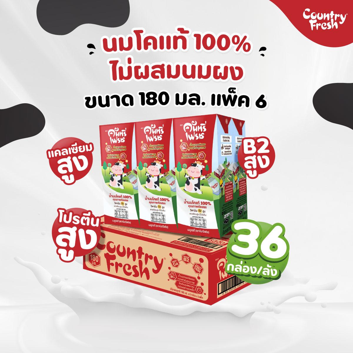 Country Fresh นมจืดยูเอชที นมกล่องพร้อมดื่ม ขนาด 180 มล. (36 กล่อง/ ขายยกลัง)