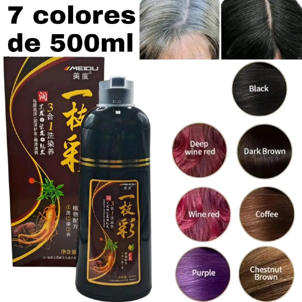3 en 1 champú de tinte negro castaño Claro ,castaño oscuro, Borgoña y vino  para el cabello puedes cubrir las  canas, con ingredientes naturales herbales contiene extracto de ginseng, colorante natural