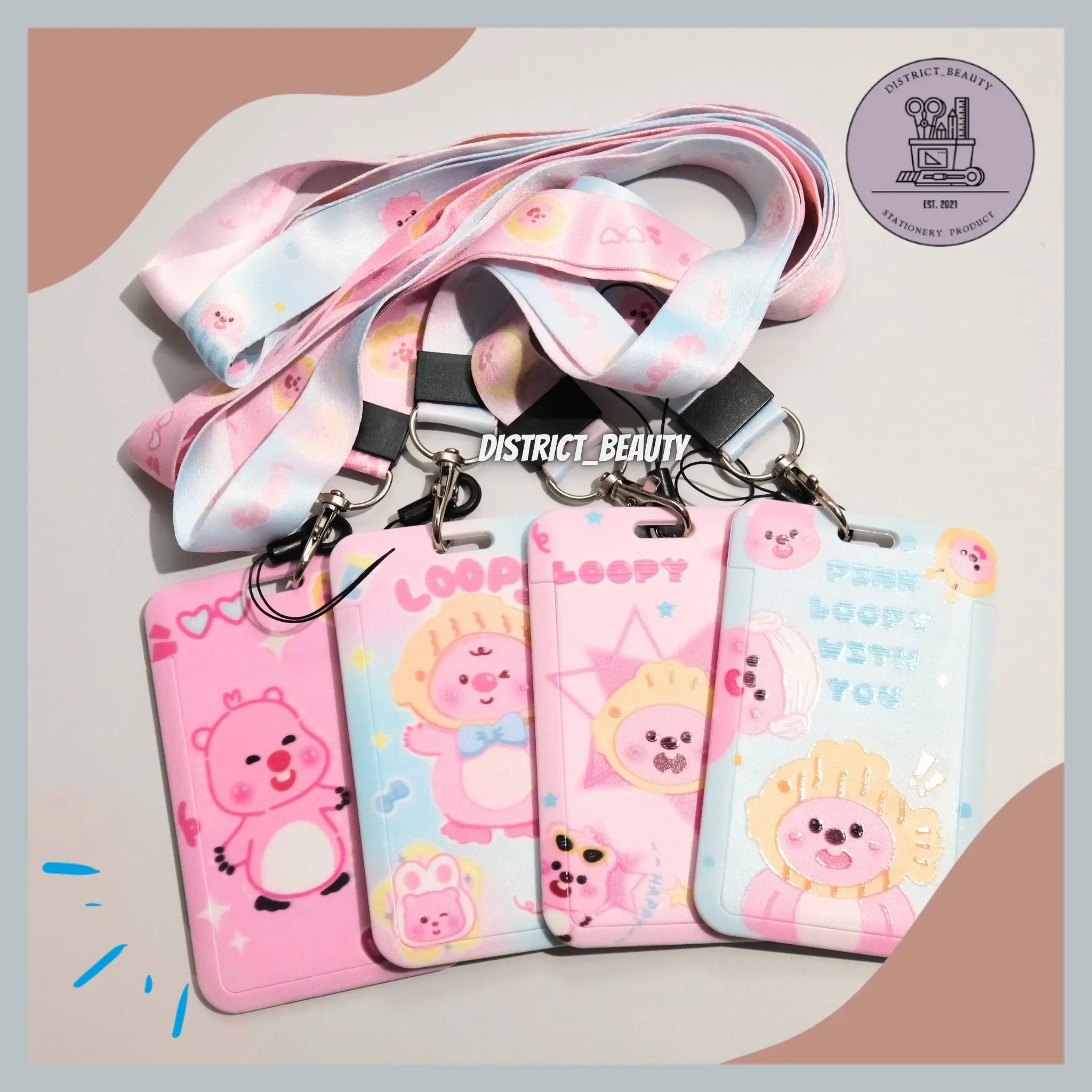 LANYARD KARTU NAMA LOOPY ID CARD NAME TAG TALI PANJANG KARTU TANDA PENGENAL KARAKTER LOOPY PINK LUCU TERMURAH
