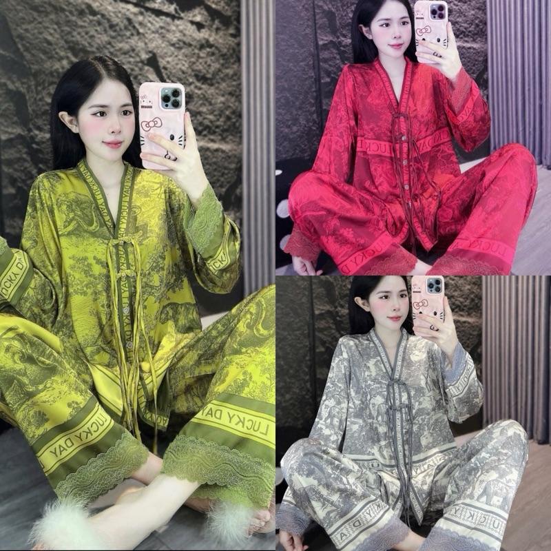 Đồ bộ Cổ Y nút thắt vải Latin tơ tằm lụa mịn nhiều họa tiết có 3 size từ 40-75kg tay dài