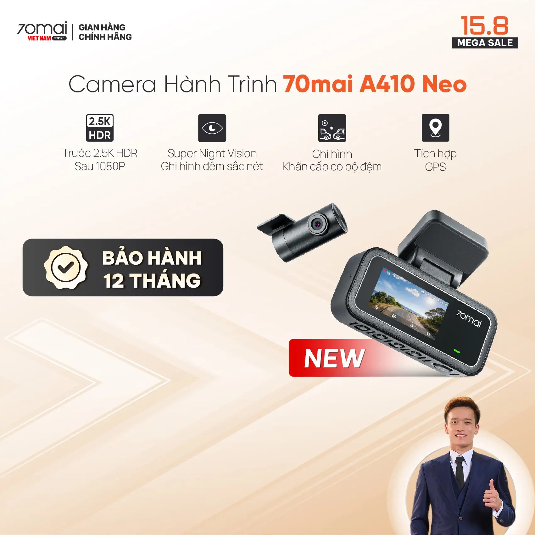 Camera hành trình 70mai A410 NEO 2.5K HDR ghi hình 2 mắt trước sau sắc nét, giám sát đỗ xe 24h