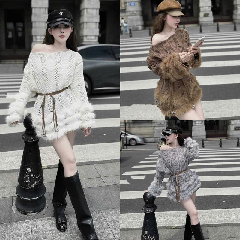  Váy Len Dệt Lệch Vai Dáng Suông Dài Tay Phối Lông Kèm Đai Da Xịn Xò 4 Màu Sang Chảnh Mặc Thu Đông Siêu Đẹp 