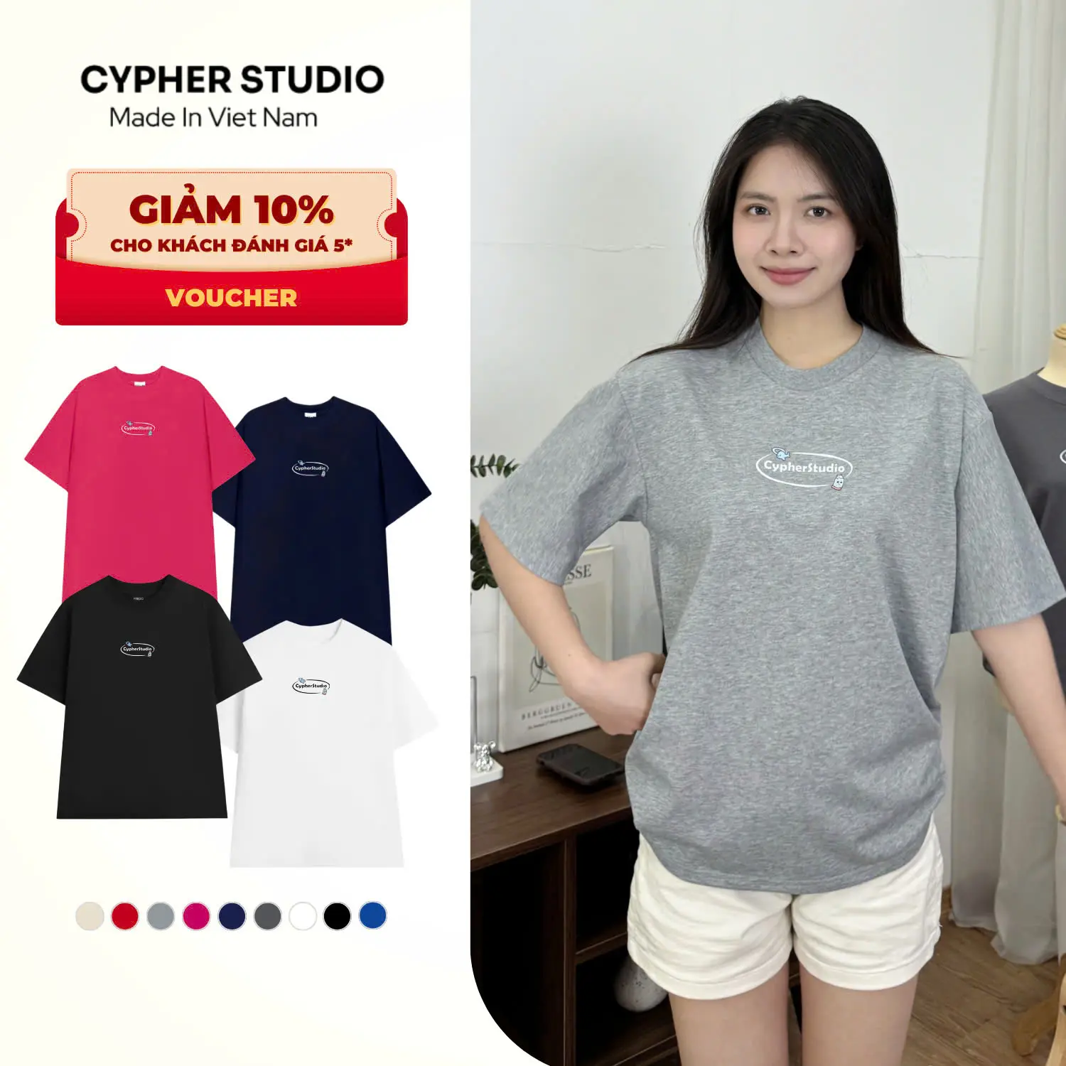 AP 07 Áo Thun CYPHER STUDIO Kèm Họa Tiết Hình v3 Cotton 260 gsm Tay Lỡ Form Rộng Nam Nữ Oversize