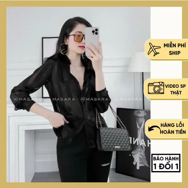 Áo sơ mi nữ lụa tơ tằm mỏng họa tiết sọc đen