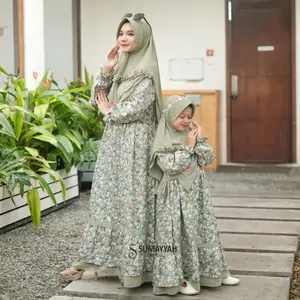 Sumayyah Gamis Ibu & Anak Syar'i Motif Bunga 2 Layer Free Hijab Shakila Katun Best Seller Dewasa Remaja Lebaran Dress