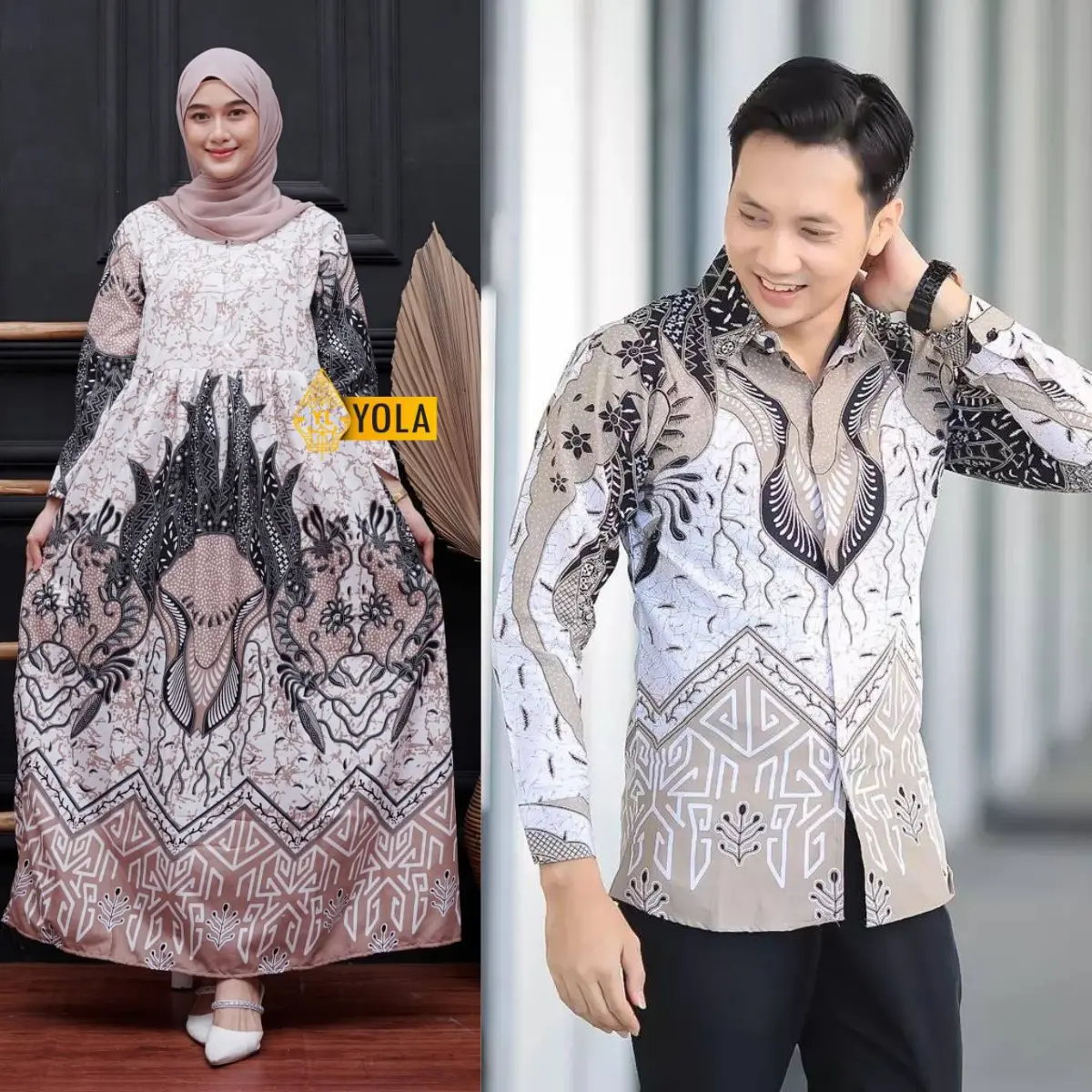 Set Gamis Couple Polyester Gamis Busui Batik Couple Pasangan Lengan Panjang Kekinian Katun  Seragam Muslim Baju Keluarga
