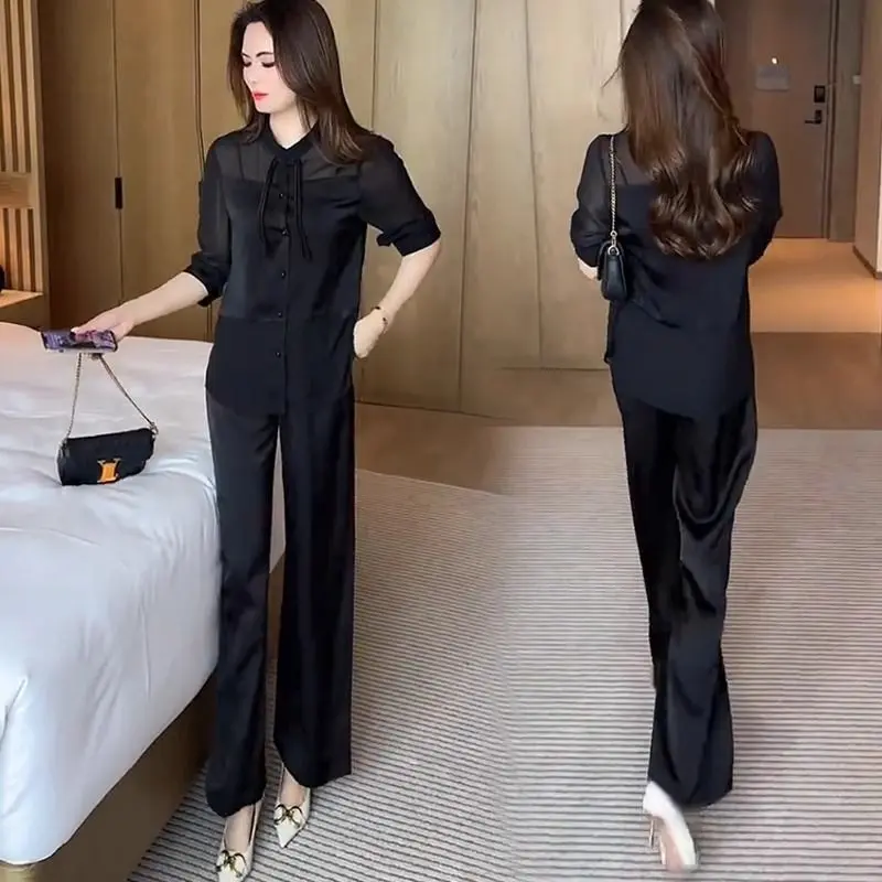 Bộ Đồ Hai Mảnh Thời Trang Trung Quốc Mới, Áo Sơ Mi Nút Thắt Nút Trung Quốc Mỏng Thanh Lịch Mới Phương Tây, Quần Ống Rộng, Thích Hợp Cho Mùa Hè, Thời Trang Cho Nữ