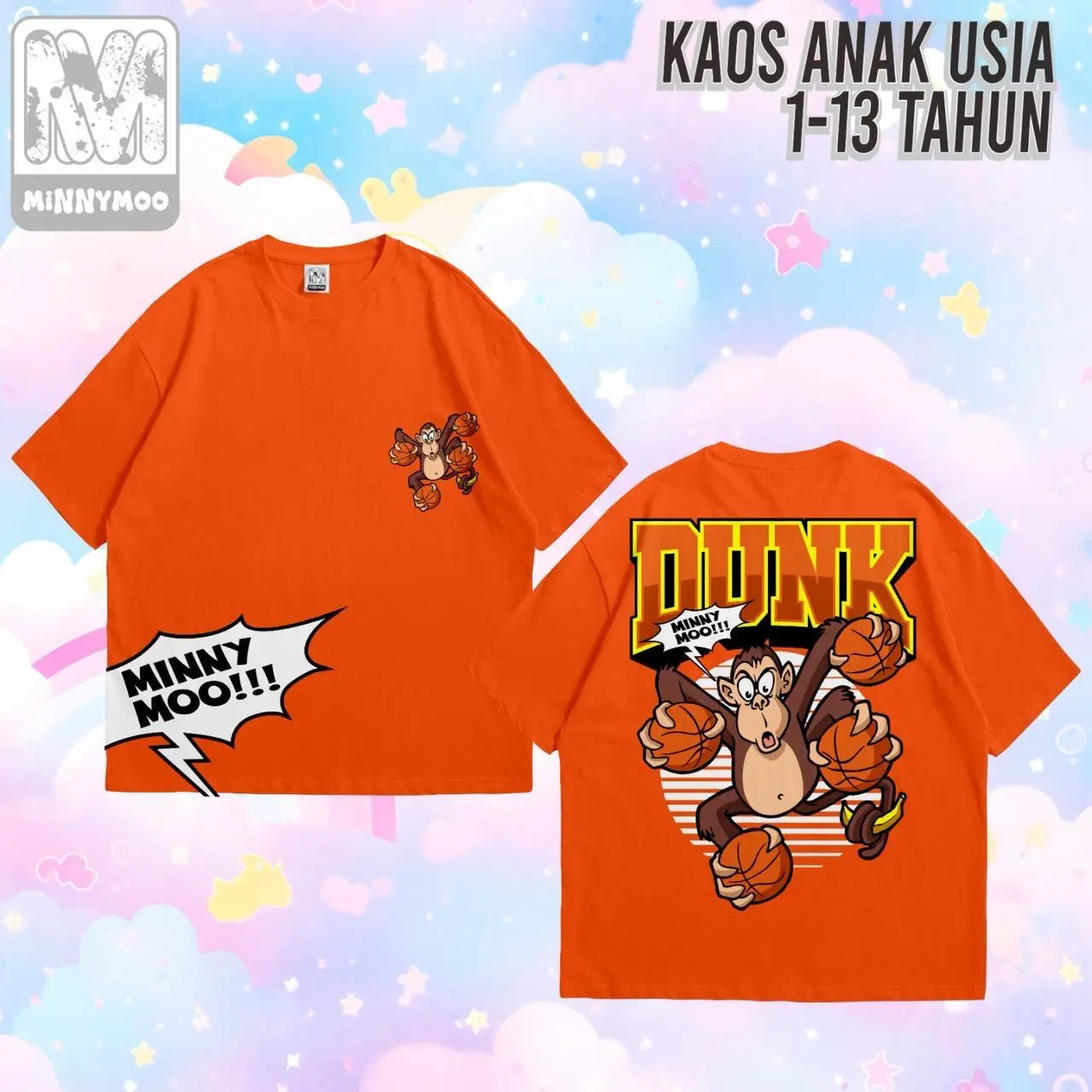 MinnyMoo series kaos distro anak laki laki gambar depan belakang Dark Orange Fashion Pakaian atasan