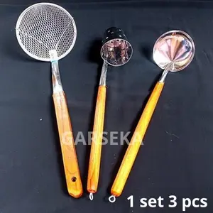 Garseka Set 3 Pcs Alat Jualan Mie Bakso Saringan Mie Stainless Steel Kayu Kitchenware Anti Karat Diameter 14cm x 40cm