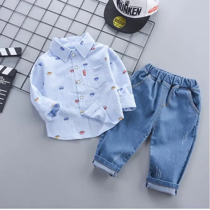 Setelan Import Pakaian Baju Kemeja Lengan Panjang Anak Bayi Laki-laki Motif Pattern Mobil