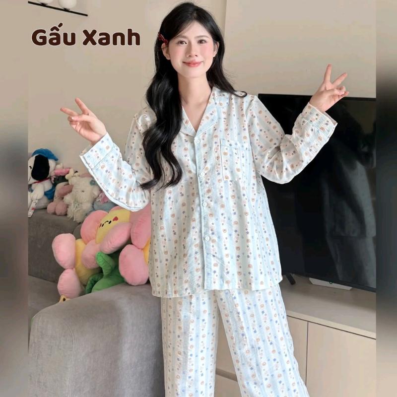 Đồ bộ mặc nhà pyjama Tay dài chất liệu vải Đũi Hàn mềm nhẹ hình họa tiết dễ thương