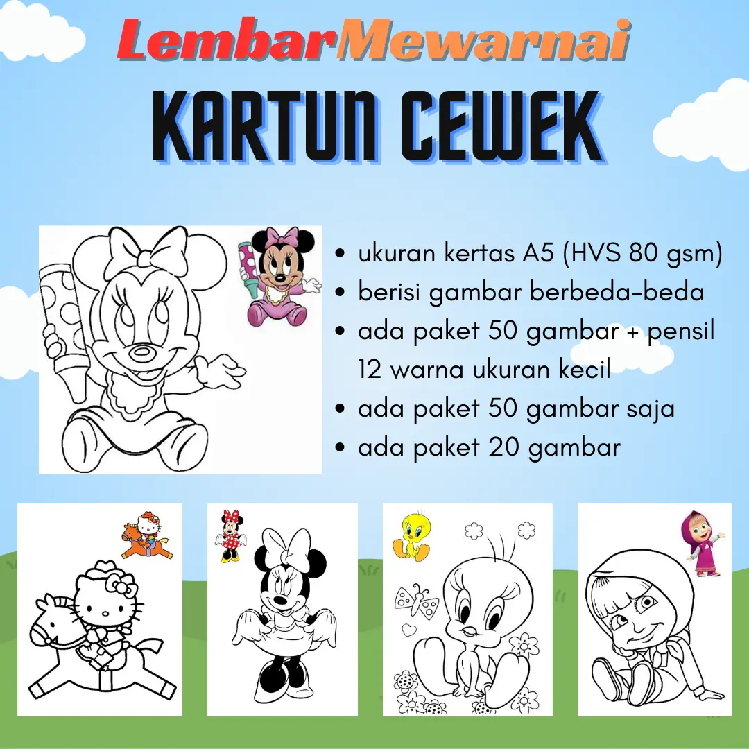Paket Edukasi Mewarnai Anak-Anak Tema MIX Kartun Cewek Kertas HVS 80 Gram - Toys Lembar Kertas kertas  mewarnai