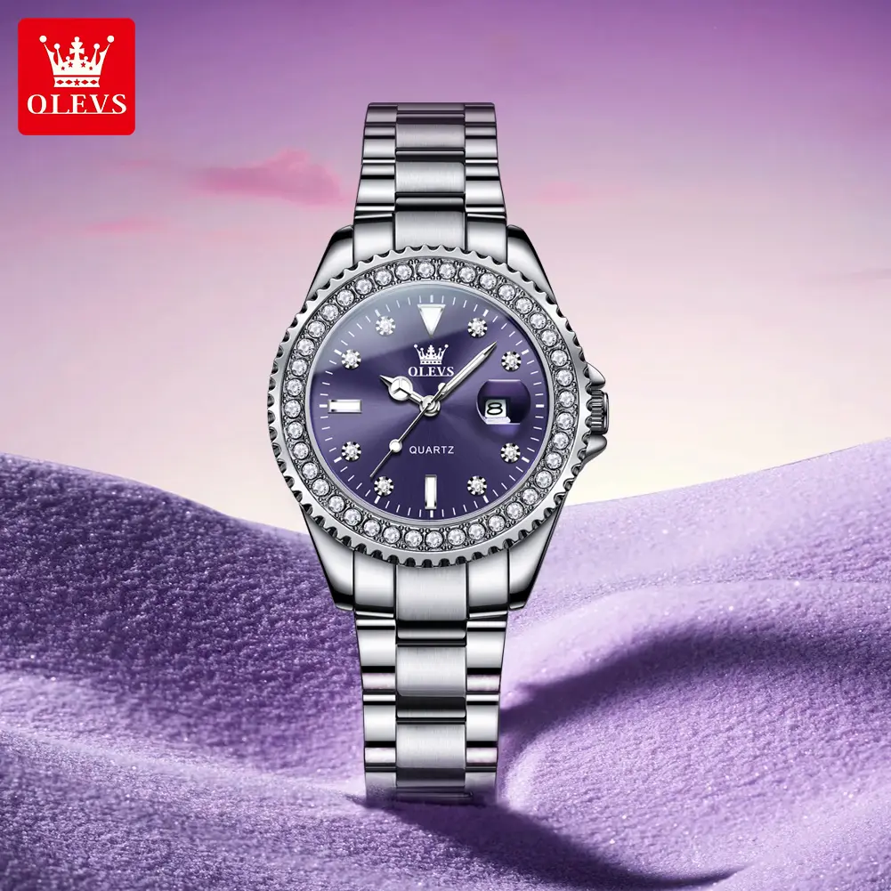 OLEVS Original Brand Luxury Quartz Watch with Box for Women Purple Dial Waterproof Luminous Korean Style Calendar Silver Stainless Steel Wristwatch Ladies Gift