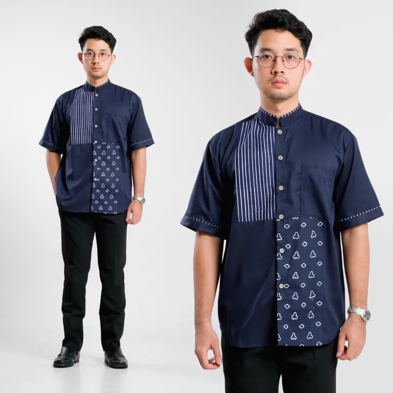Kemeja Batik Pria Katun Lengan Pendek Casual Kombinasi Motif Modern Baju Kantor Muslim Koko 3