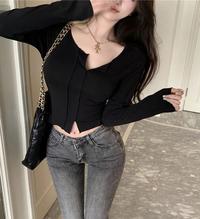 Gambar 【NEW】Women Crop Top V-Neck Long Sleeve Slim Fit Long Sleeve 1820 (S/M/L) - Black, S dari 99koutlet Kab. Tangerang 2 Tokopedia