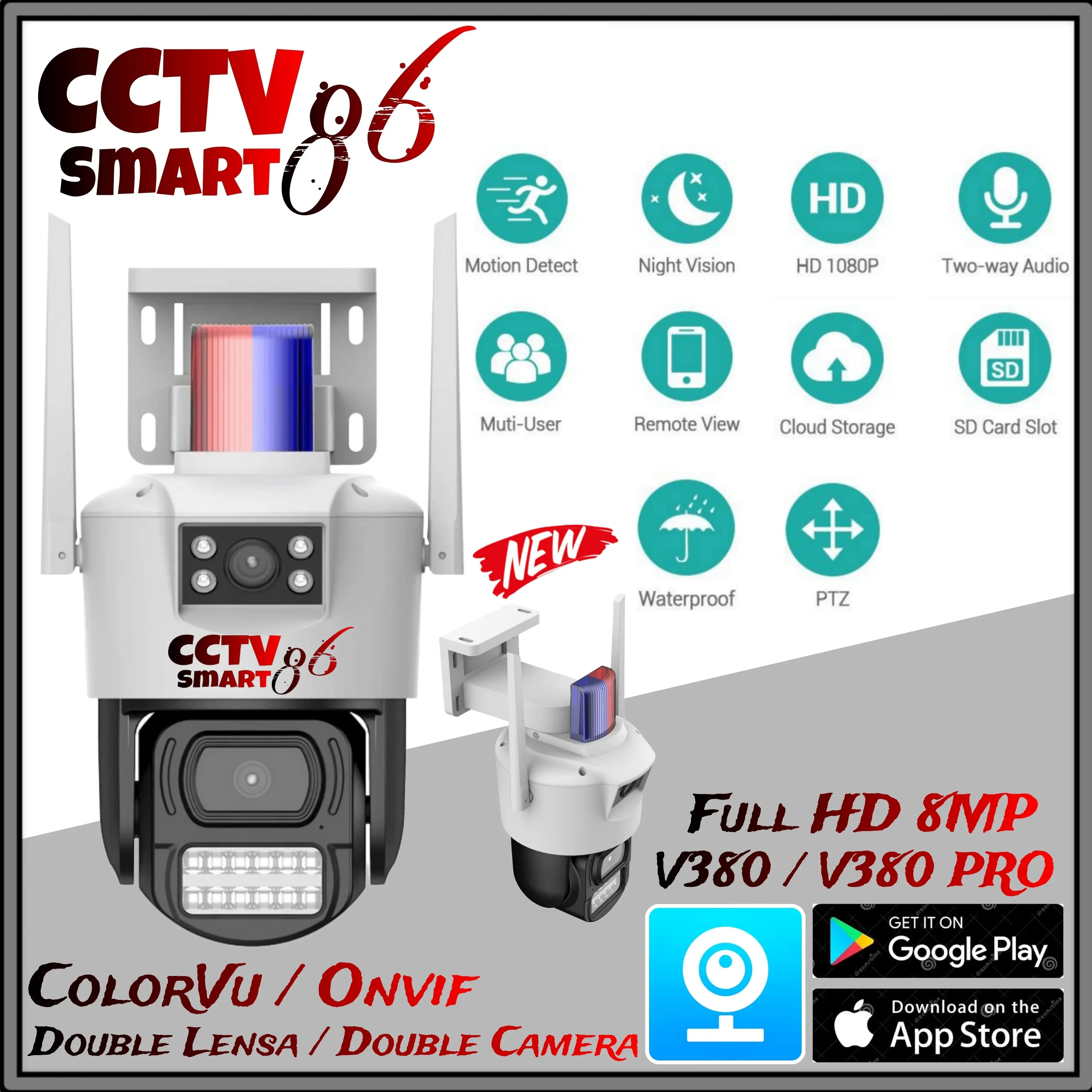 IP Camera CCTV Outdoor Wifi V380 8MP Double Lensa 360" PTZ Camera Double Lensa