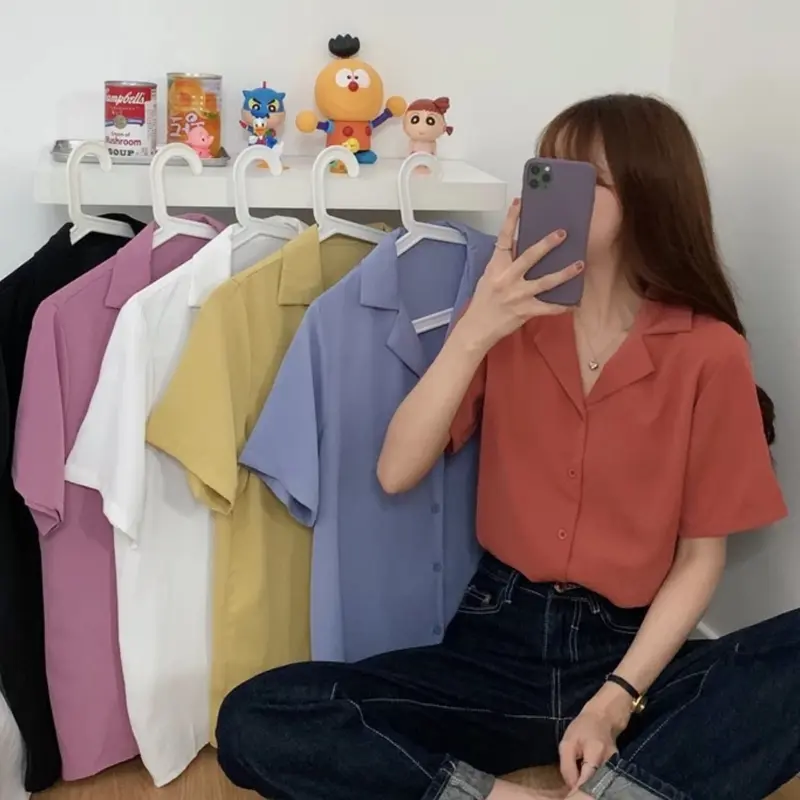 DiaryFashion - Blus Kemeja Formal Wanita Lengan Pendek Gaya Korean Style 8