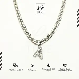 LA TORE - Kalung Rantai Titanium Huruf Inisial A-Z Anti Karat dan Tidak Luntur Stainless Silver Pria Wanita