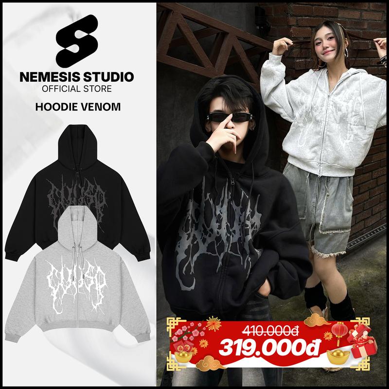 Áo khoác hoodie zip dây kéo 2 đầu chất nỉ bông dày dặn thêu nón nam nữ mặc cặp đôi local brand form rộng boxy mũ to mặc thu đông đi nắng unisex hoạ tiết dập nổi xám tiêu và đen menswear SOMAY NEMESIS