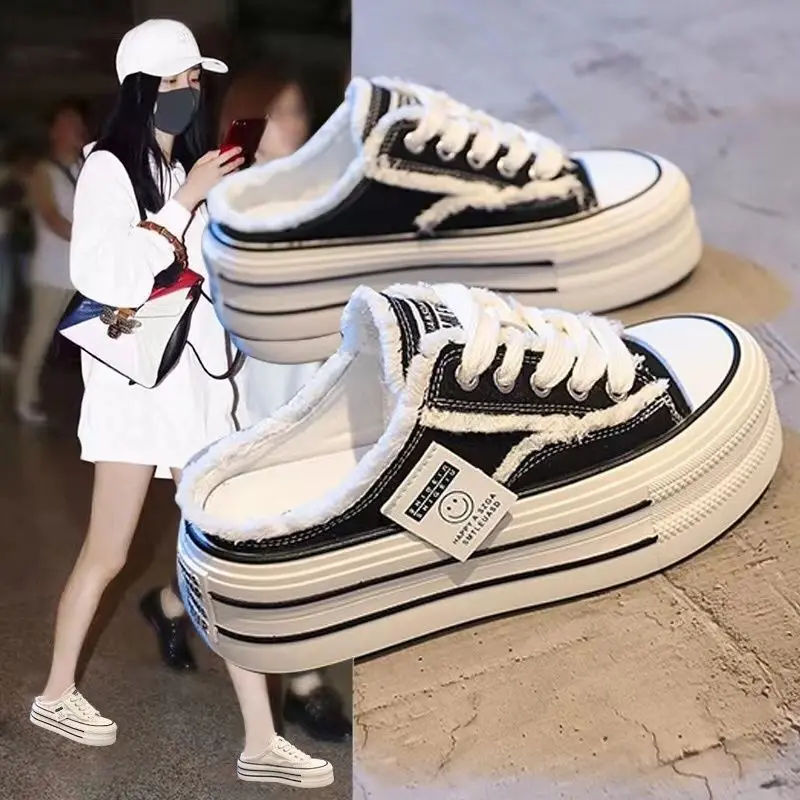 Closed-Toe Slippers Women's Summer Wear 2023 New Canvas Shoes Heel-Free All-Match Lazy Semi Slipper Thick Bottom Beggar Shoes
