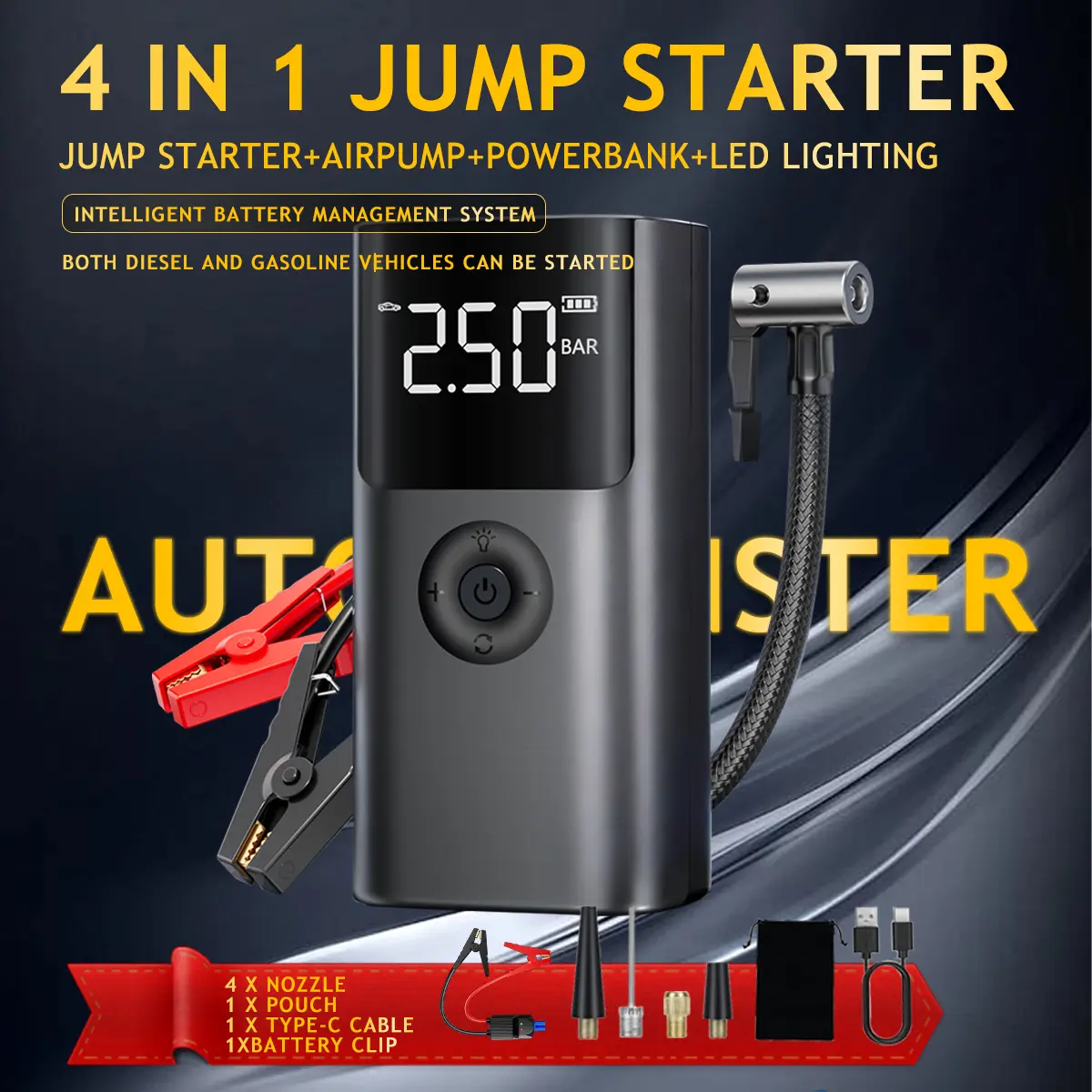 Car Emergency Starter With Air Pump 12V Mobile Power Supply With LED Light Portable High Power Jump Start Power Supply Wireless Air Pump