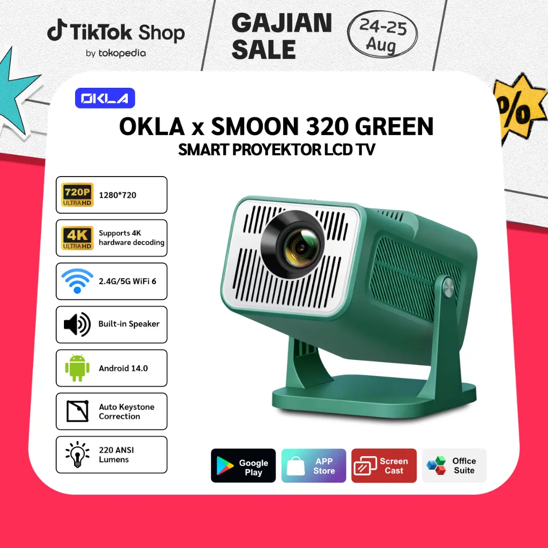OKLA X SMOON 320 Projector LCD TV - Proyektor Pintar - HY320 - 220 ANSI Lumens - TV Android - Fokus Otomatis - Netflix - Google TV - YouTube - Include Kabel HDMI - Affiliate Choice