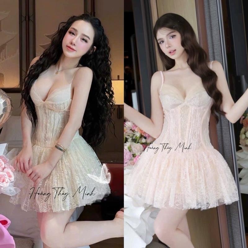 Đ8- SALE XÃ KHO Đầm 2 Dây Ren Kim Sa 4 Lớp Phối Tùng xòe Có Quần Bảo Hộ -HoangThuyMinh97