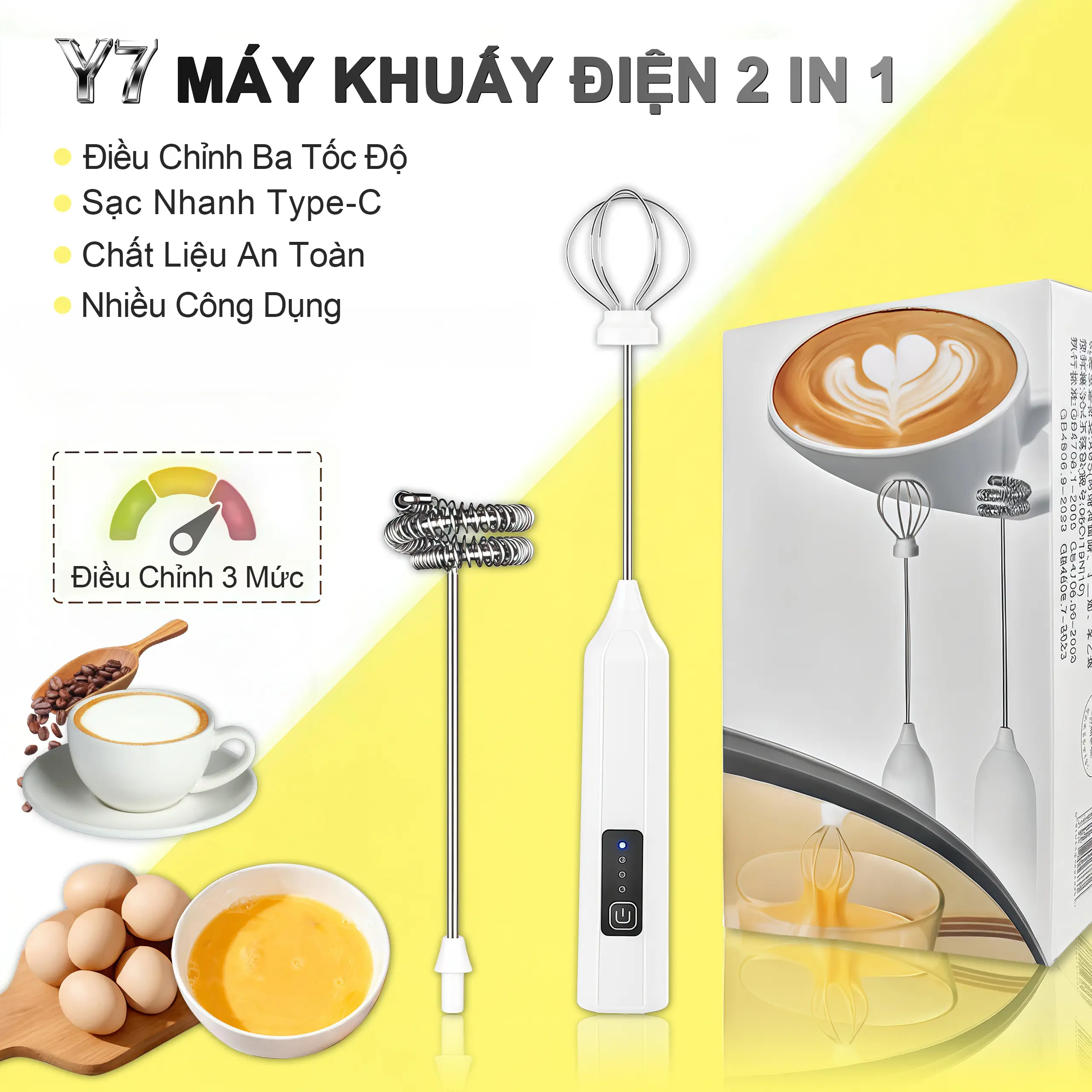 Y7 Máy Đánh Bọt Cà Phê Mini Đa Năng 2 Đầu Inox – Máy Tạo Bọt Cà Phê & Đánh Trứng Cầm Tay – Pin Sạc USB 1200mAh