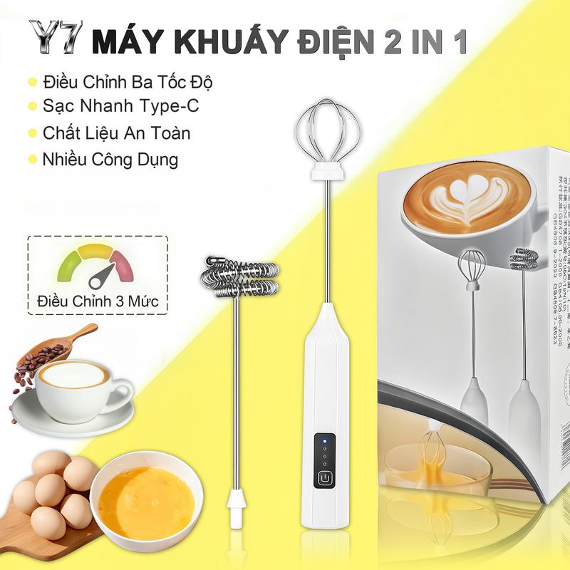 KY Y7 Máy Đánh Bọt Cà Phê Mini Đa Năng 2 Đầu Inox Máy Tạo Bọt Cà Phê & Đánh Trứng Cầm Tay Pin Sạc USB 1200mAh