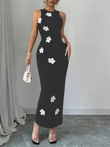 Women's Floral Decor Dress, Elegant Sleeveless Round Neck Dress for Party Holiday Wedding Guest, Ladies Summer Clothes, Gowns Beautiful Gowns