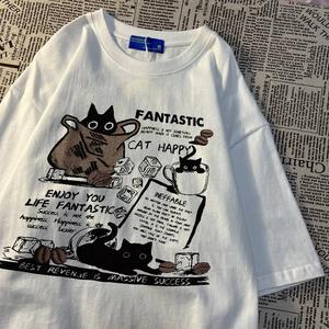 コーヒー黒猫英語キャラクタープリント婦人用半袖Tシャツ、ラウンドネック、ゆったり、純綿カジュアルトップス、ラウンドネック、ショルダーベルト、ゆったりシルエット、通気性、肩落ちデザインプリントTシャツ夏のゆったりタイプ