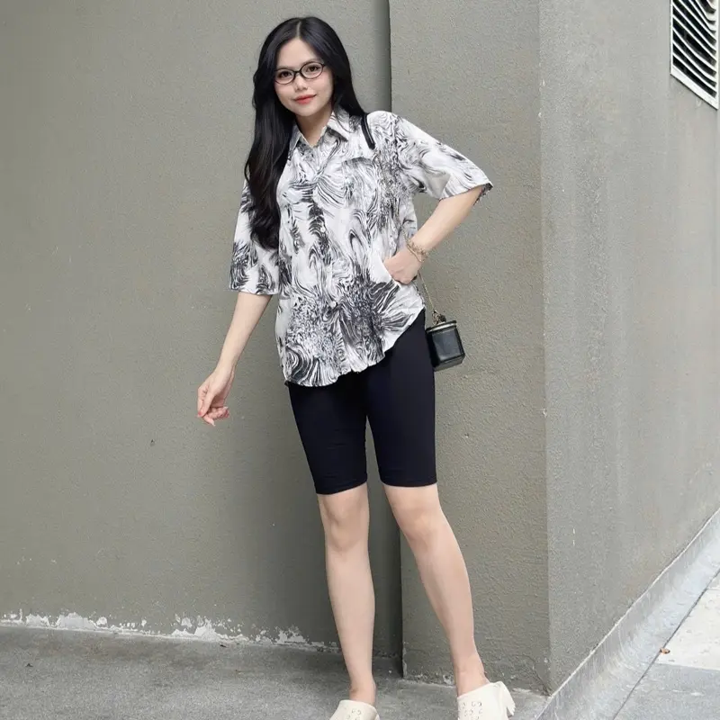 Bộ sơ mi phom rộng quần ngố hàng Freesize 45-70kg Nữ Women Voi Top Shirt Nhung 7