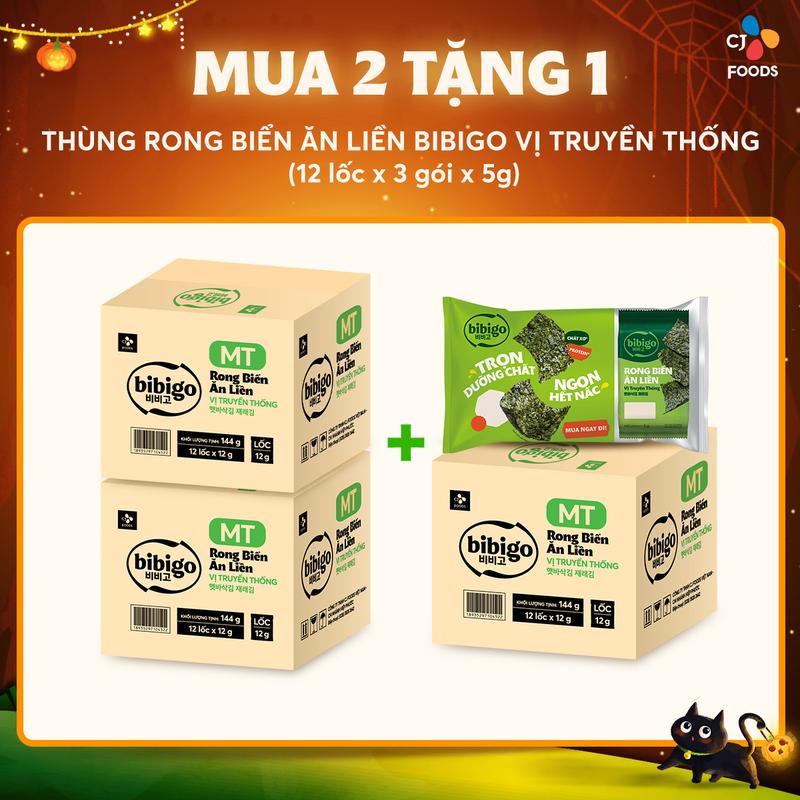[MUA 2 TẶNG 1] Thùng 12 lốc Rong biển lá kim ăn liền Hàn Quốc Bibigo vị Truyền thống (12 lốc = 36 gói)