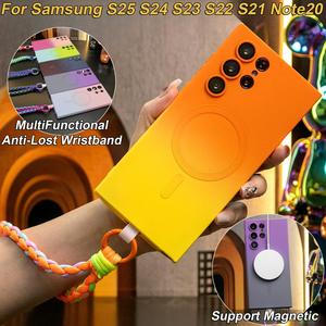 Gradient Color Magnetic Wireless Charge Matte Case with Woven Wristband For Samsung S25Ultra S25+ S25 S24Ultra S24FE S24 S23 S22 S21 Plus Ultra Note 20 Ultra Wireless Charging Soft Bumper Cover