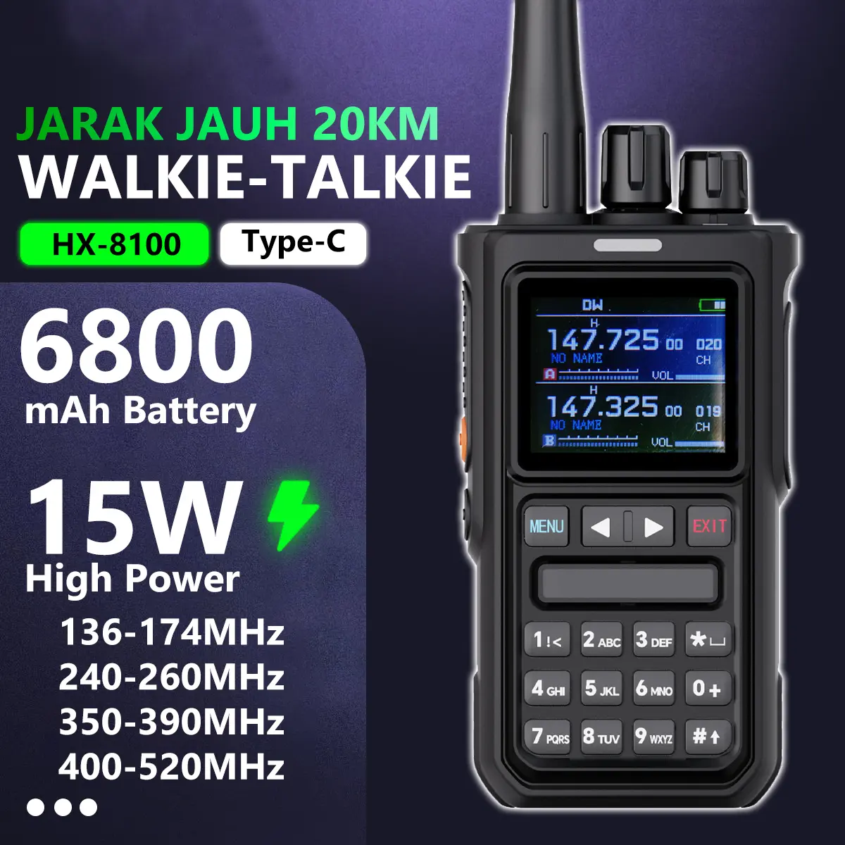 HT HX-8100 Walkie Talkie Jarak Jauh 20KM Dual Band Two Way Radio 15W Copy Frequency Power 256 Channels High Capacity 6800mAh Battery 72H Standby  Aviation Frequency Analog Radio Suitable for outdoor/hotel/school/construction site