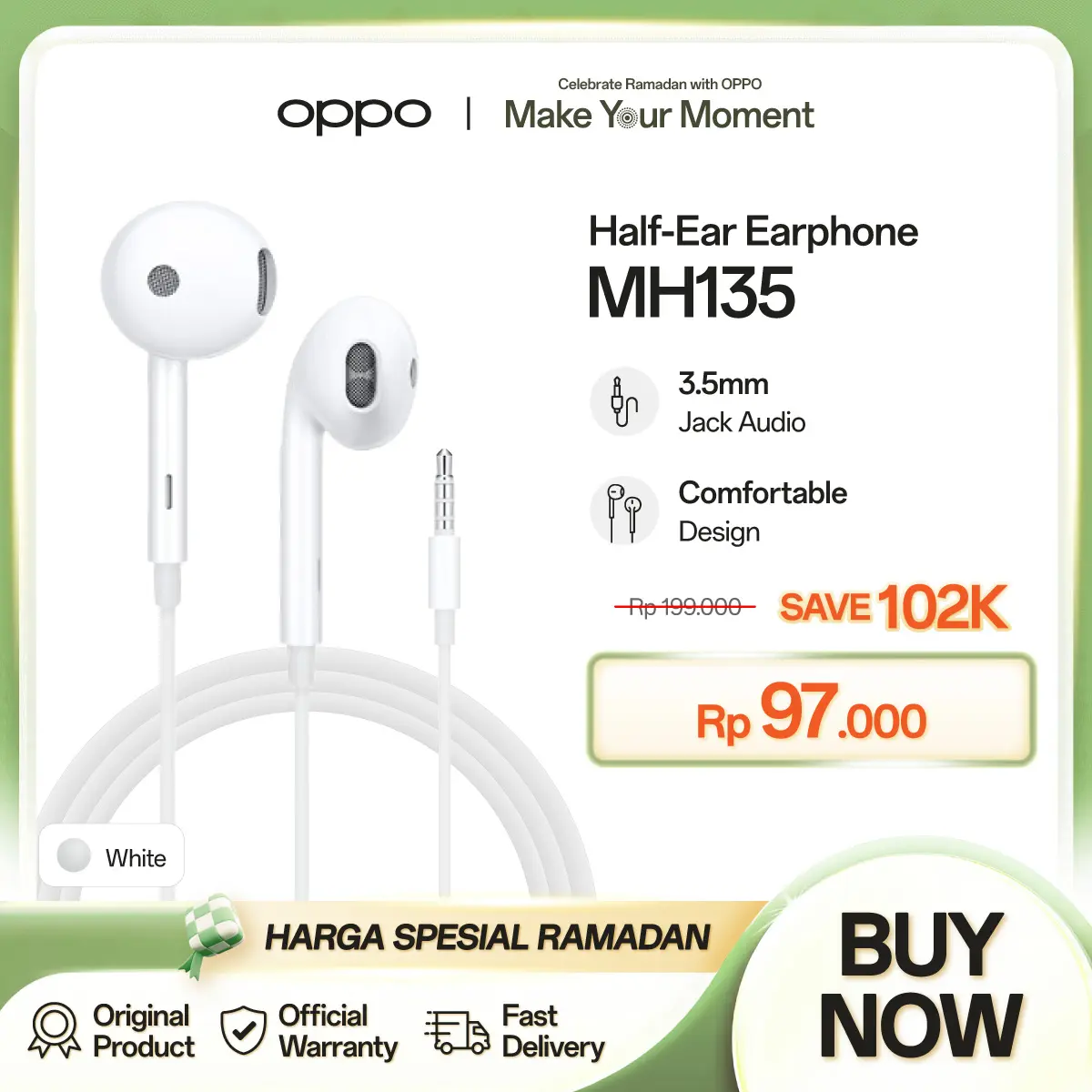 OPPO Half-Ear Earphones MH135 White UN