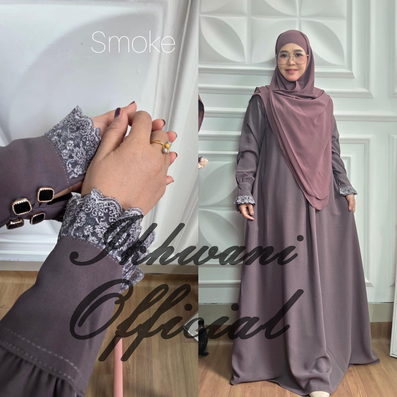 Abaya YASMIN NUA Ikhwani tangan kancing variasi renda Abaya umroh haji muslimah syar'i