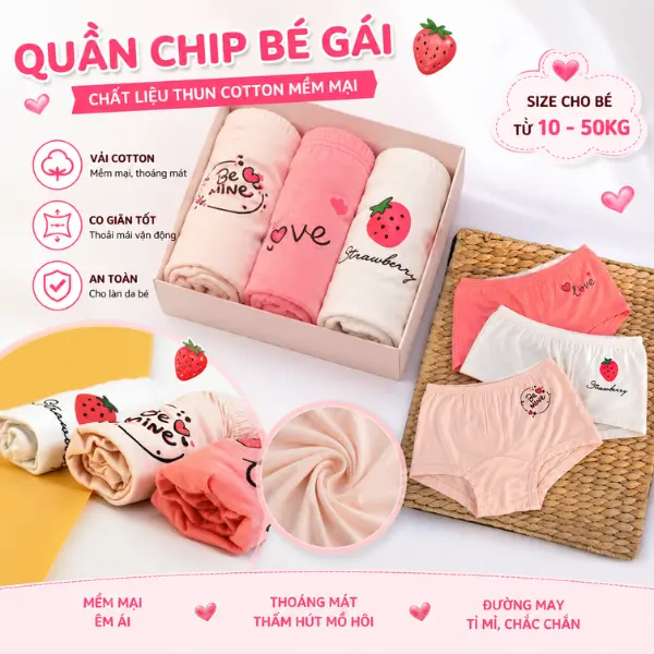 Combo 3 Quần Chip Bé Gái Chất Liệu Cotton Lạnh Mềm Mịn Co Giãn Tốt Phù Hợp Mọi Hoạt Động Hàng Ngày Cho Bé Yêu