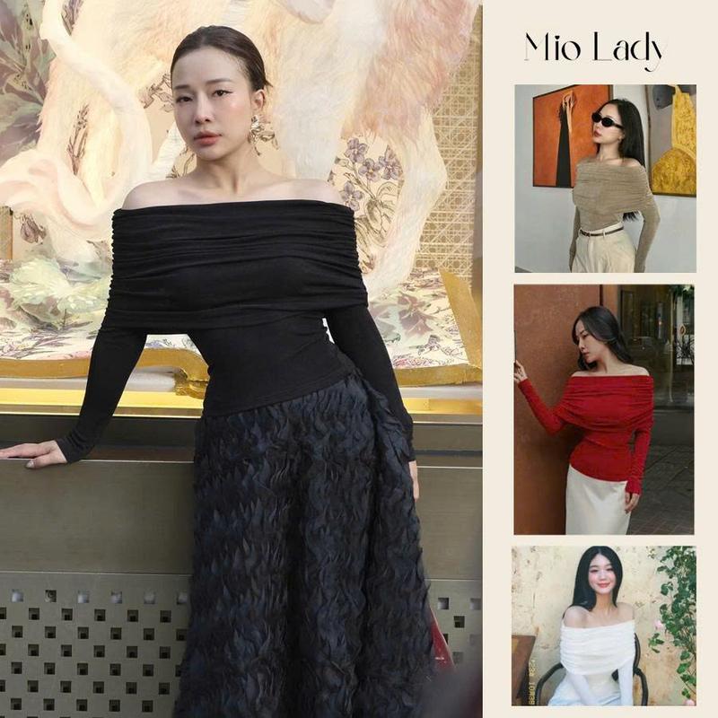  Miolady  Áo Trễ  Nữ Vai Chất Nhún Nhũ Co Dãn  Nhún Vai Bản To Dài Tay Women Top 