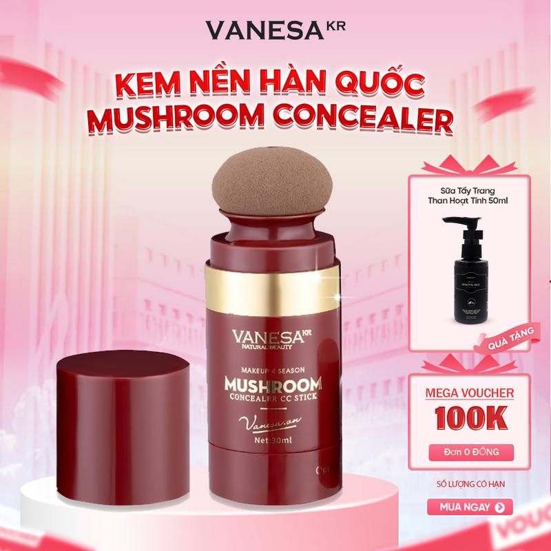  Kem nền trang điểm CC VANESA MUSHROOM Concealer Stick che khuyết điểm mềm mịn nâng tone chống nước kèm mút tán kem Cosmetic 