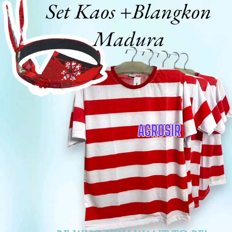 Kaos Sakera Madura Dewasa, Pakaian Adat Madura, Lorek Madura, Kaos Salur Merah Putih Bonus Blangkon Madura Garis 1